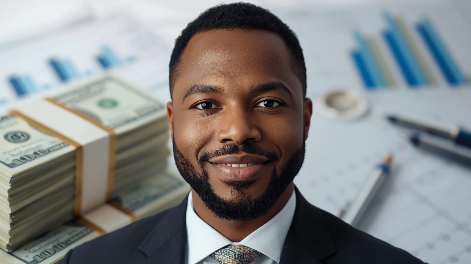 small business owner with money in background (1) Revenue Based Financing Explained For Small Business Owners 1