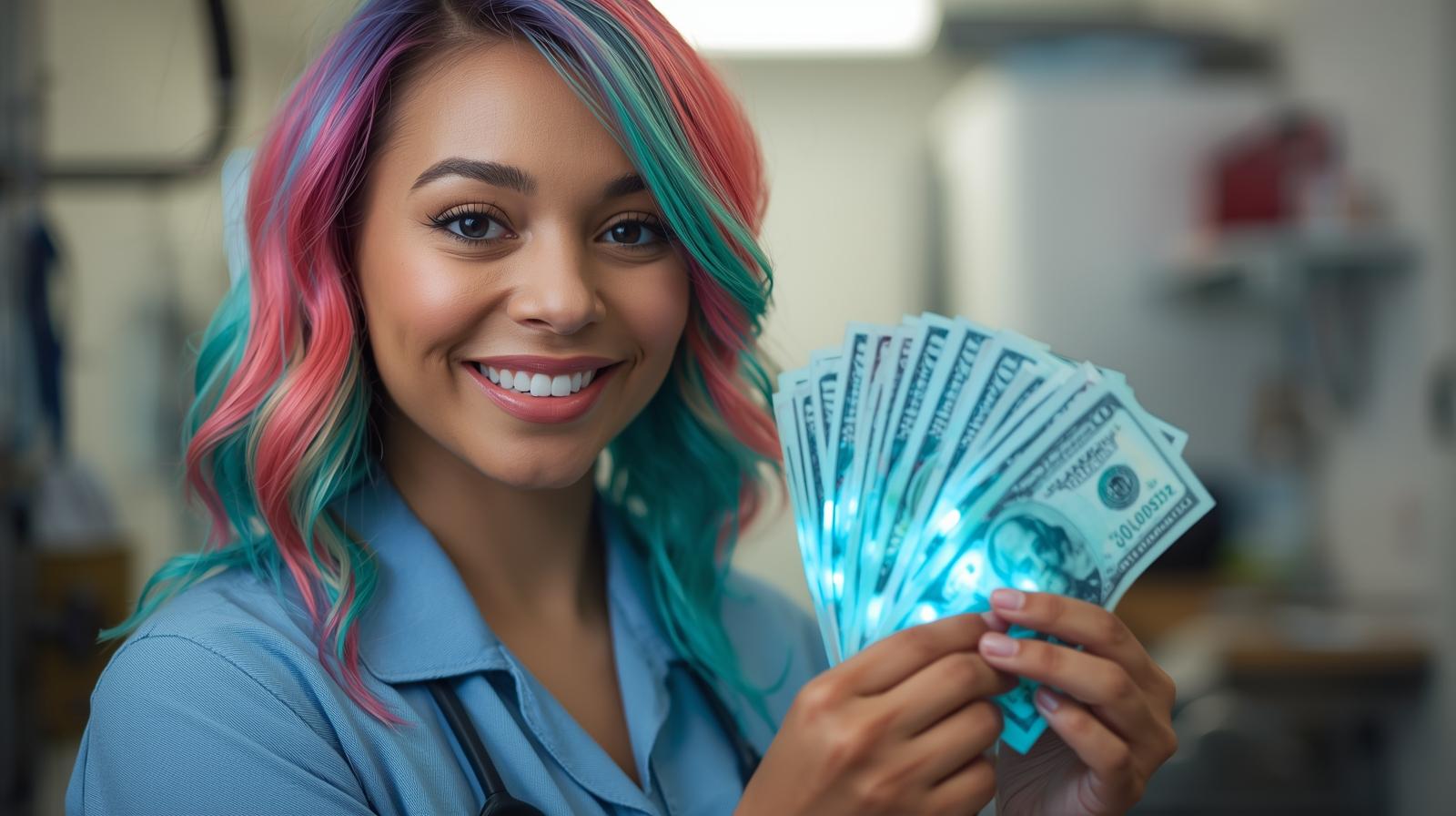 micro loans pretty lady real with rainbow hair real working as dog groomer with usd $ glowing blue make it clean with 100s what are micro loans 1
