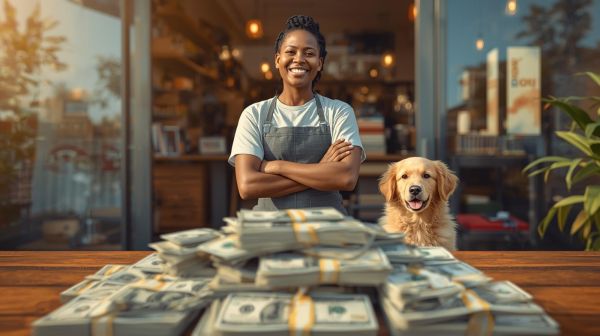 Emergency business expense funding 3 cute dog with cash and lady dog grooming shop owner