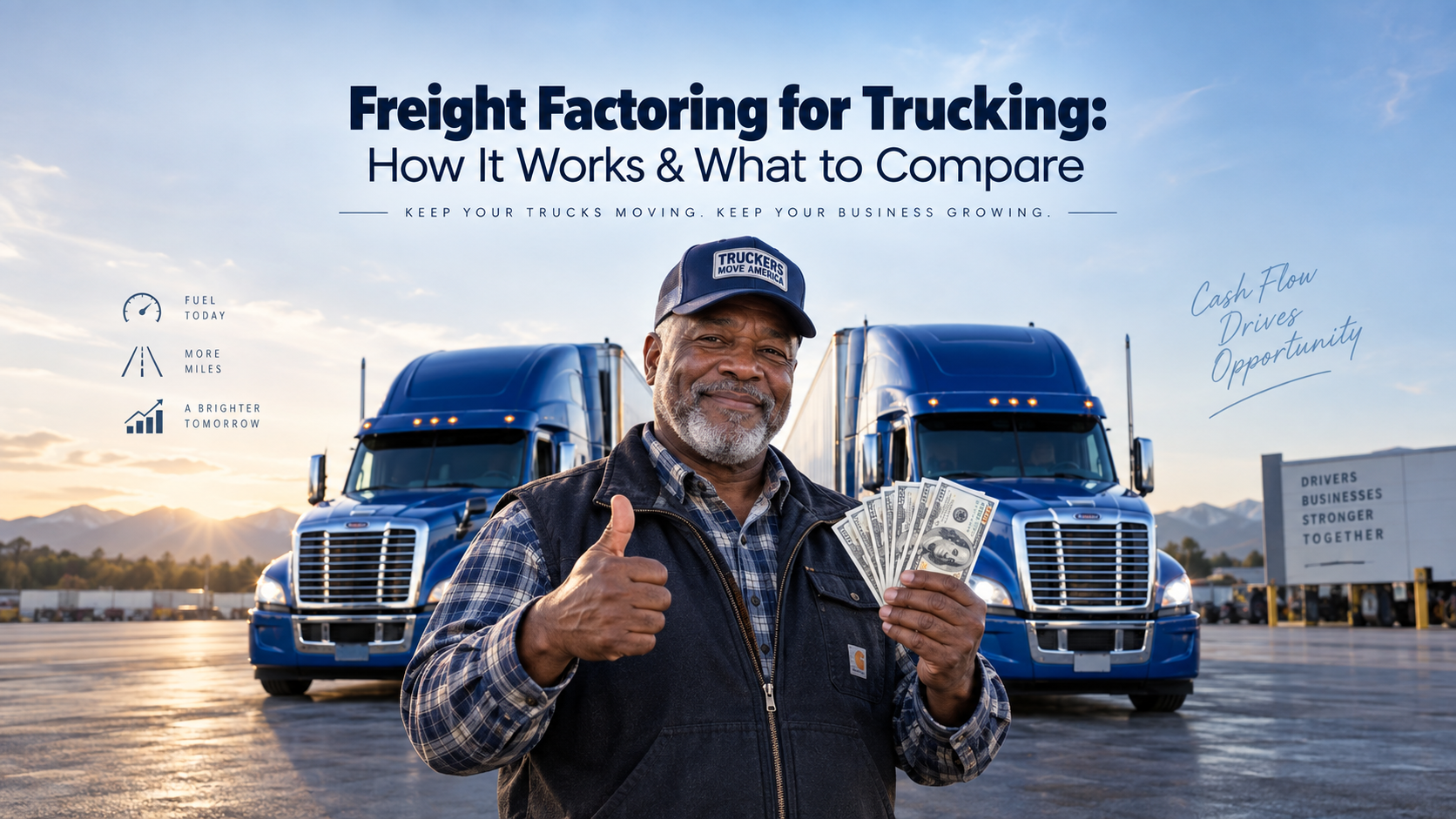 man in front of 2 big trucks smiling with usd 100s FREIGHT FACTORING